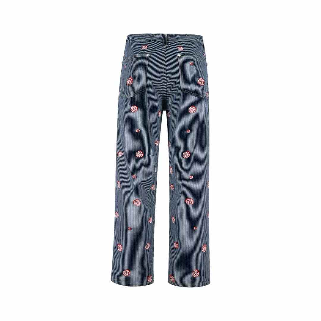 LV Signature Pants With Embroidery in a blue hickory stripe pattern with pink embroidered details