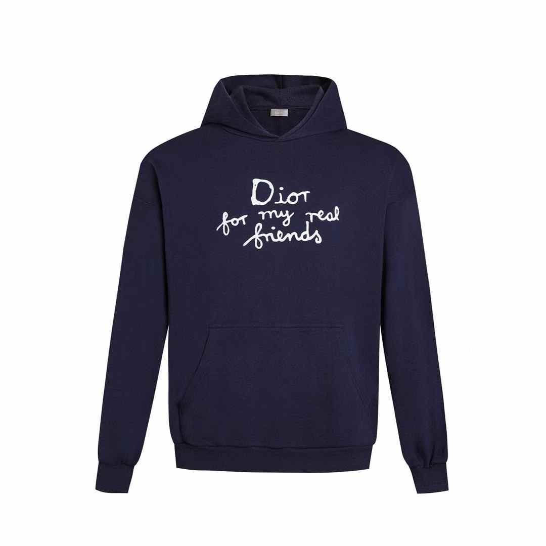 christian dior navy blue hoodie with the text "Dior for my real friends" printed on the front