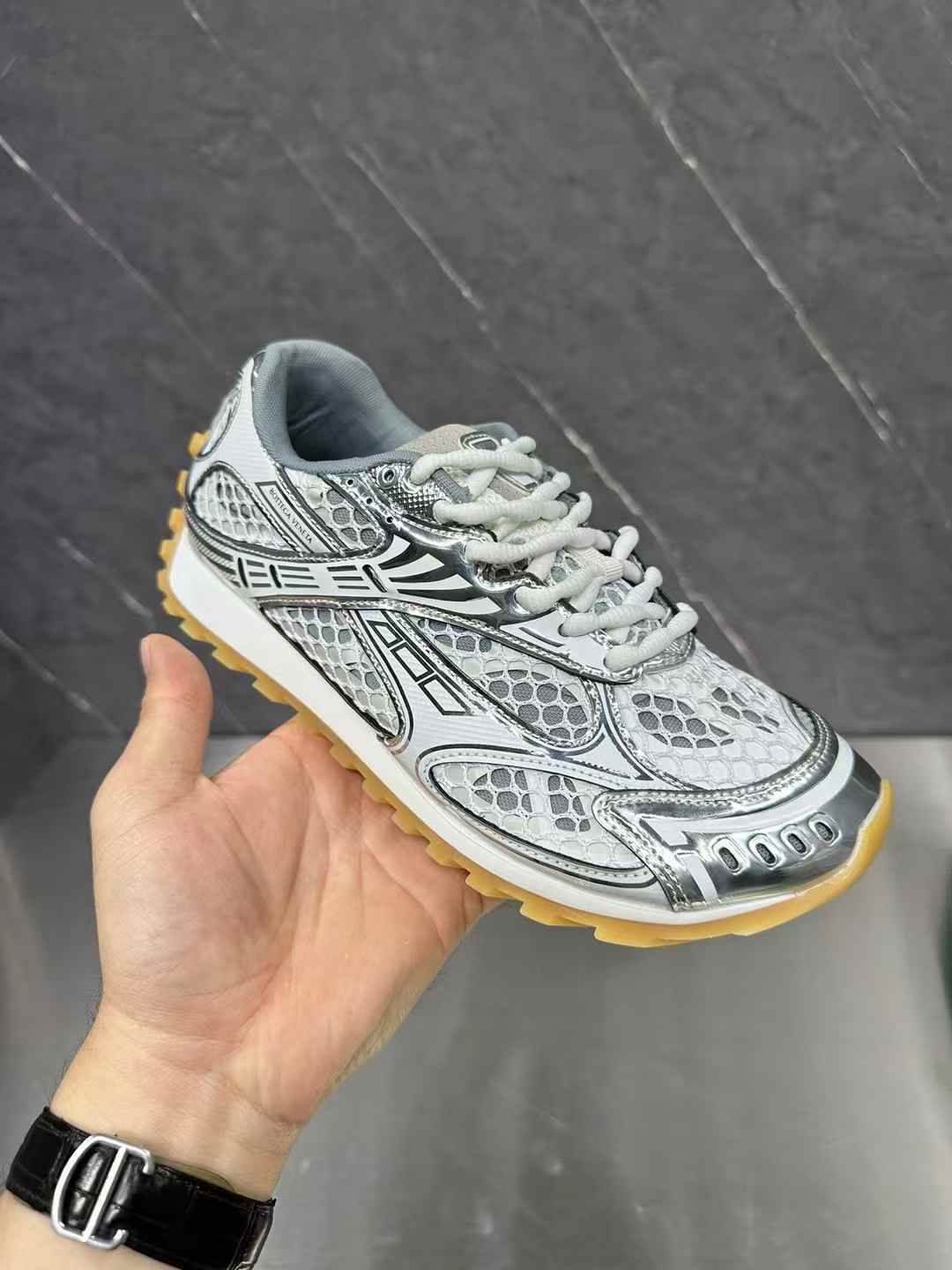 Bottega Veneta Orbit sneaker in silver and white technical fishnet