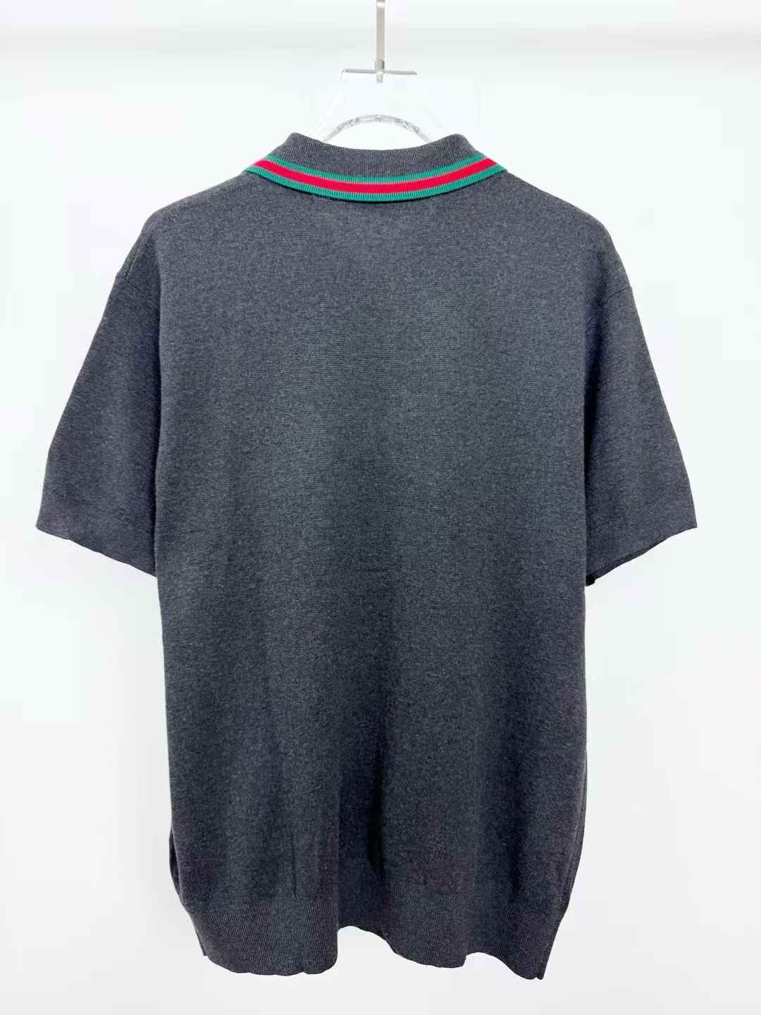 Gucci men's black silk cotton polo shirt with a Web stripe collar