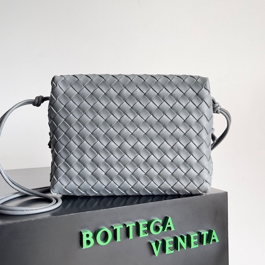 Bottega Veneta Mini Loop Camera Bag in grey lambskin leather with the signature Intrecciato weave