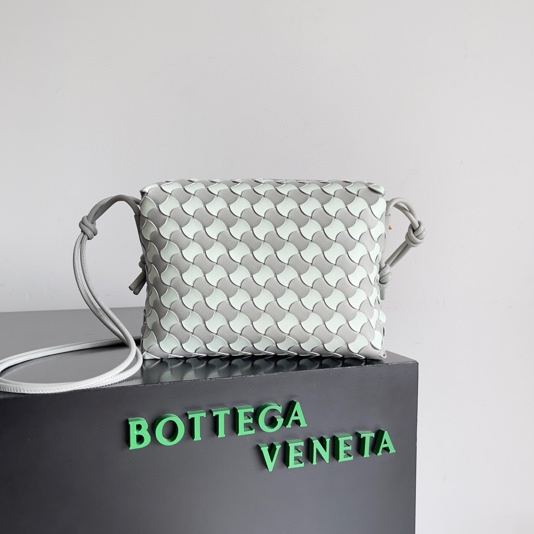 Bottega Veneta Small Loop Camera Bag in a grey and white patterned leather