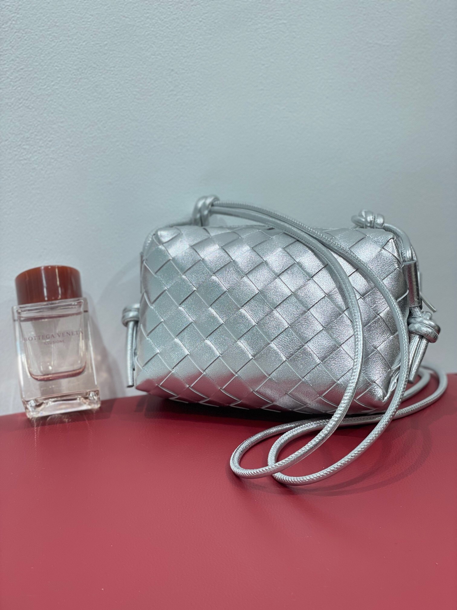 Bottega Veneta Metallic Calfskin Intrecciato Mini Loop Camera Bag in silver