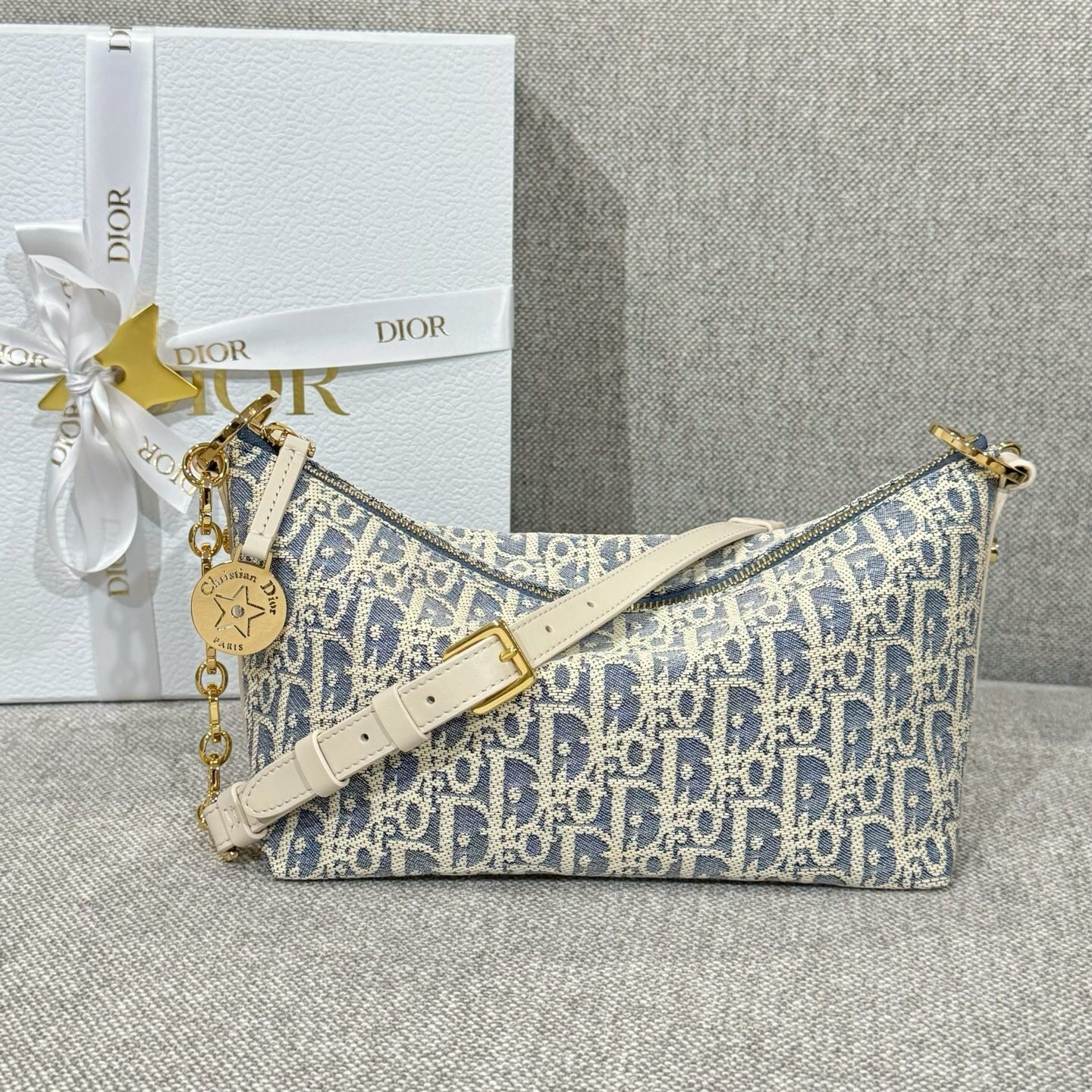 Diorstar Hobo Bag with Chain in blue denim Dior Oblique jacquard