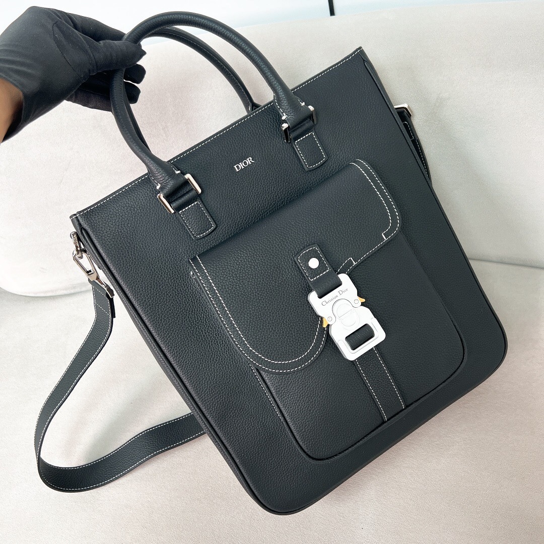 Dior men's tote bag with a front Saddle flap pocket aluminum buckle grained calfskin black