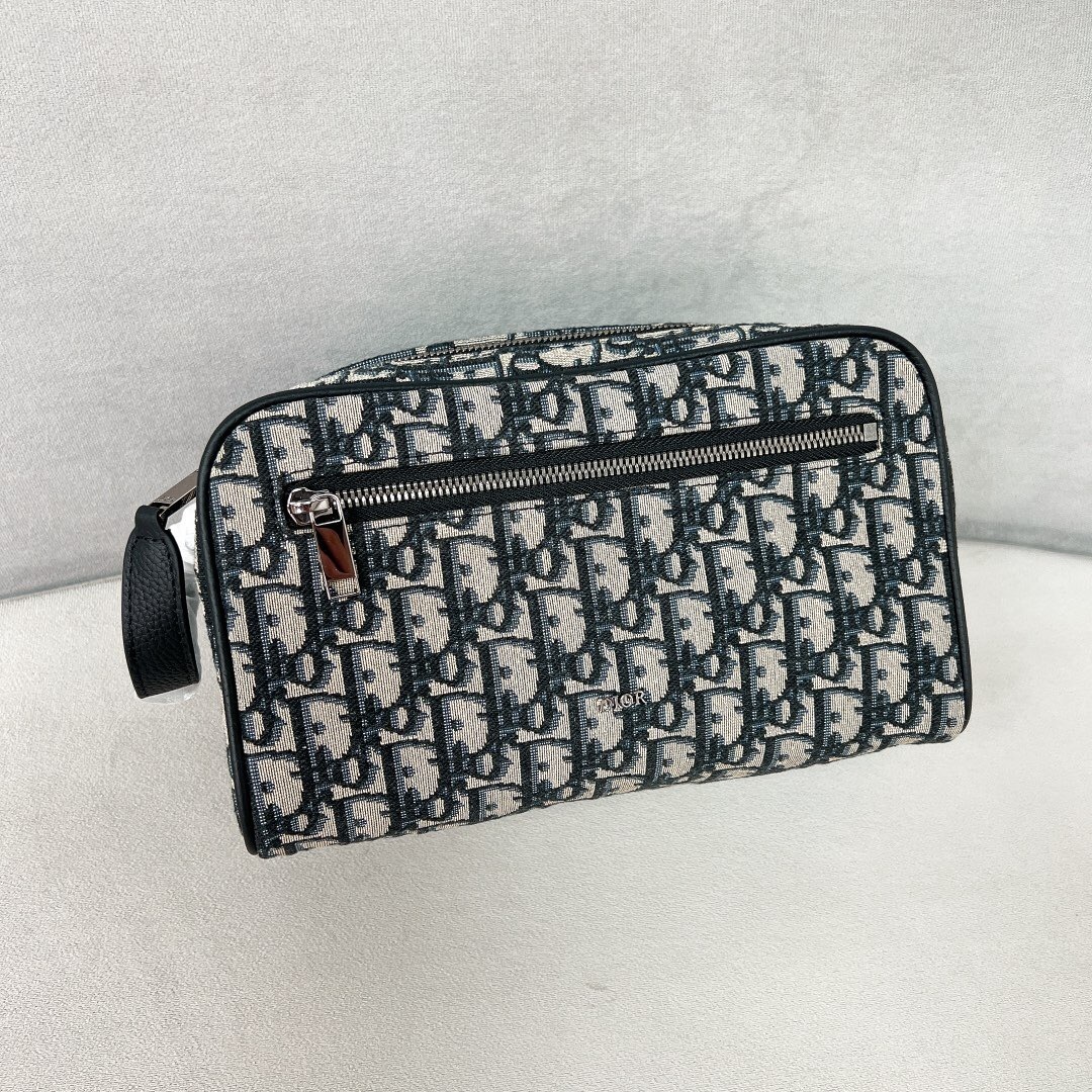 Dior Zipped Pouch with Strap in beige and black Dior Oblique jacquard