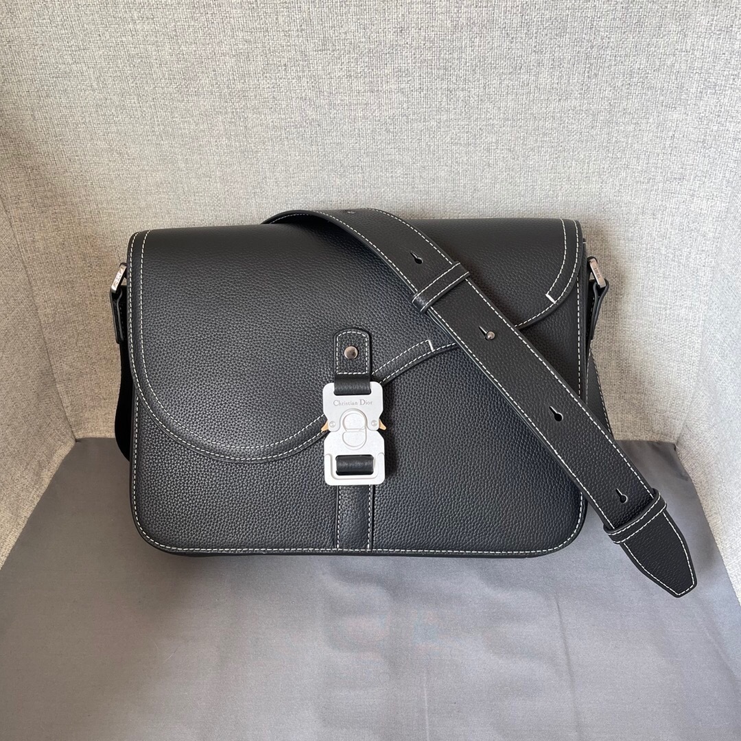 Dior Medium Saddle Messenger Bag with Flap in black grained calfskin