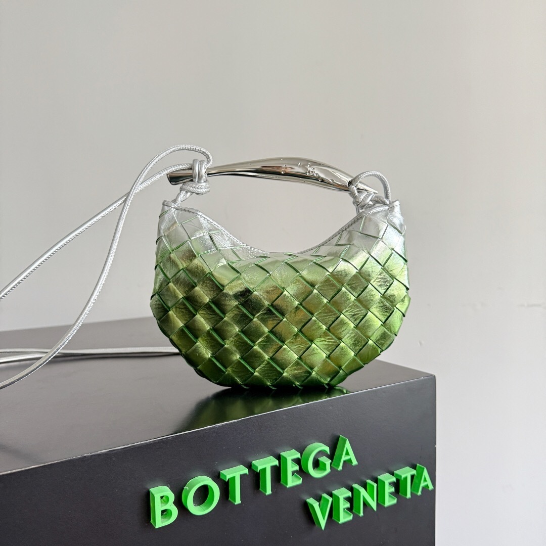 Bottega Veneta Baby Sardine Crossbody Bag in Intrecciato laminated degradé leather in a fresh mint/silver color