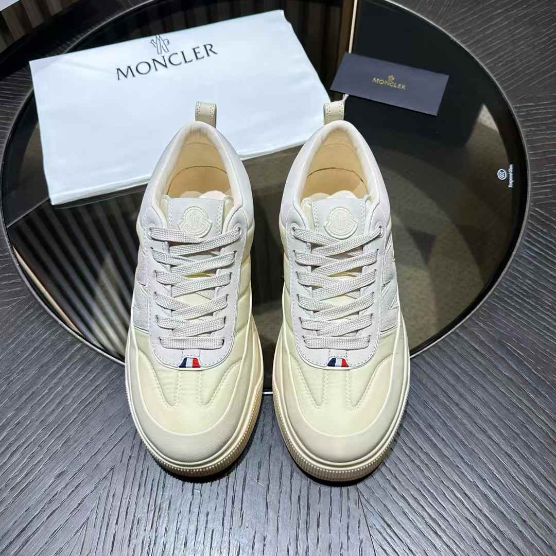 Moncler Altive or Monpulse low-top sneakers in light beige or white nubuck and suede