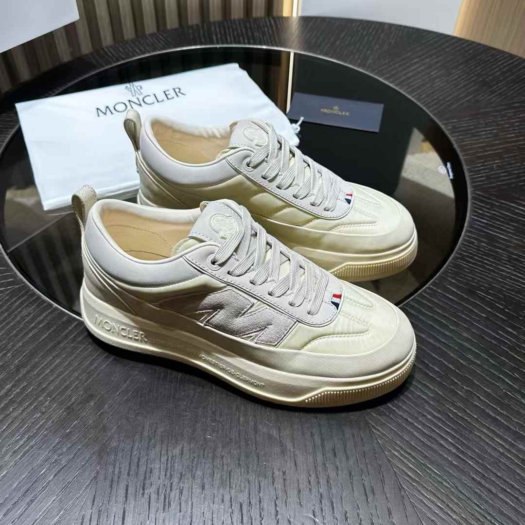 Moncler Altive or Monpulse low-top sneakers in light beige or white nubuck and suede