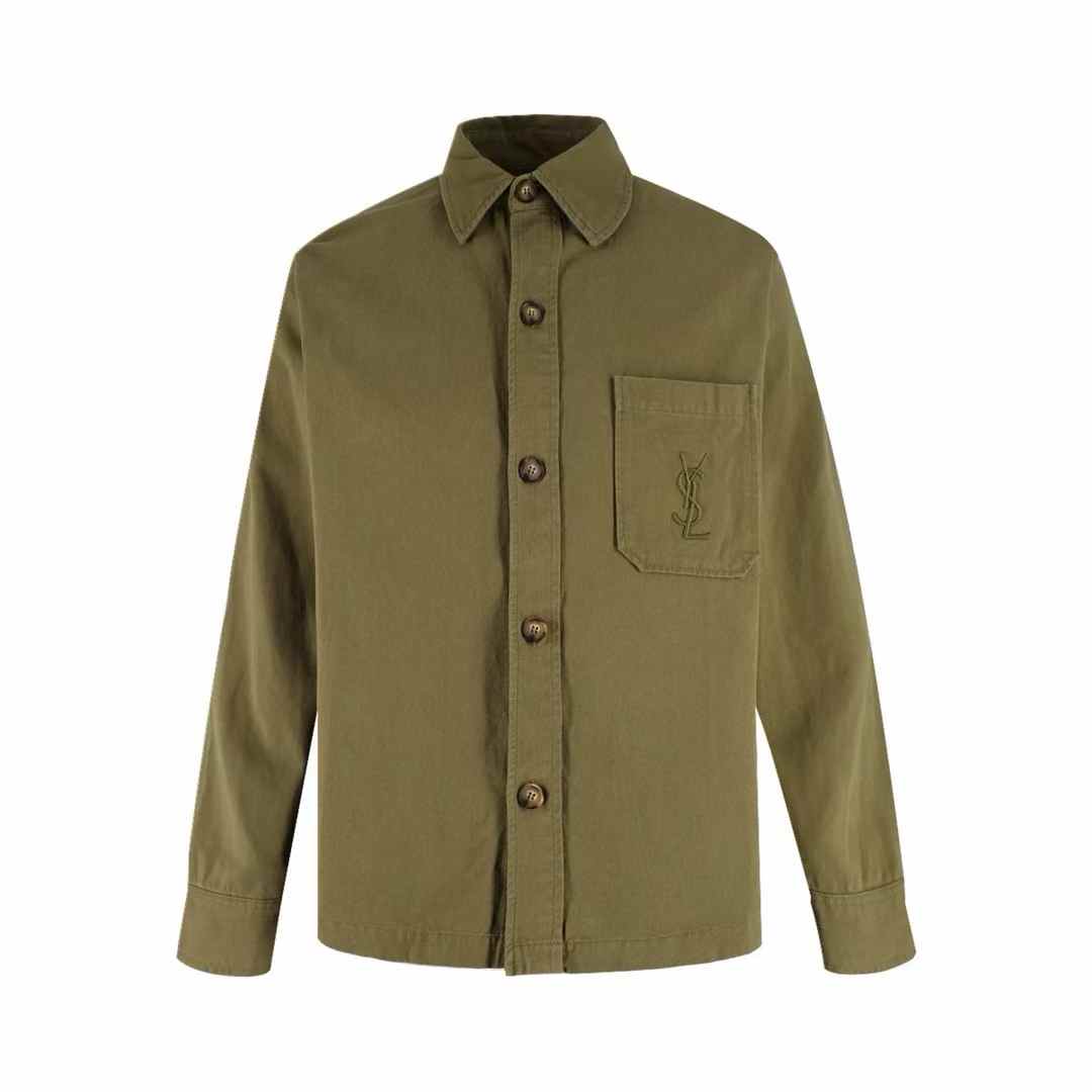 YSL Cassandre overshirt in cotton and linen gabardine in a vintage khaki or green