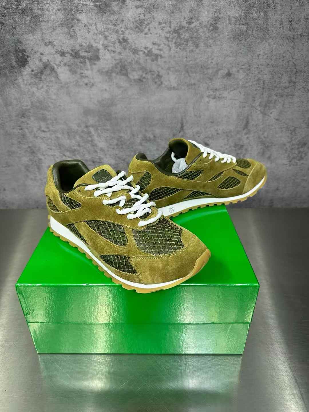 Bottega Veneta Orbit sneakers in olive oil suede and mesh with white laces