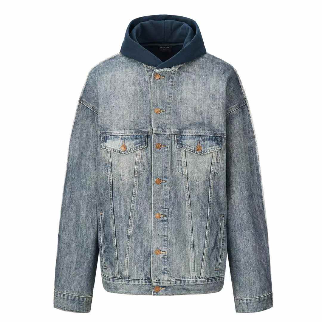 Balenciaga denim and fleece cotton jacket with a hood