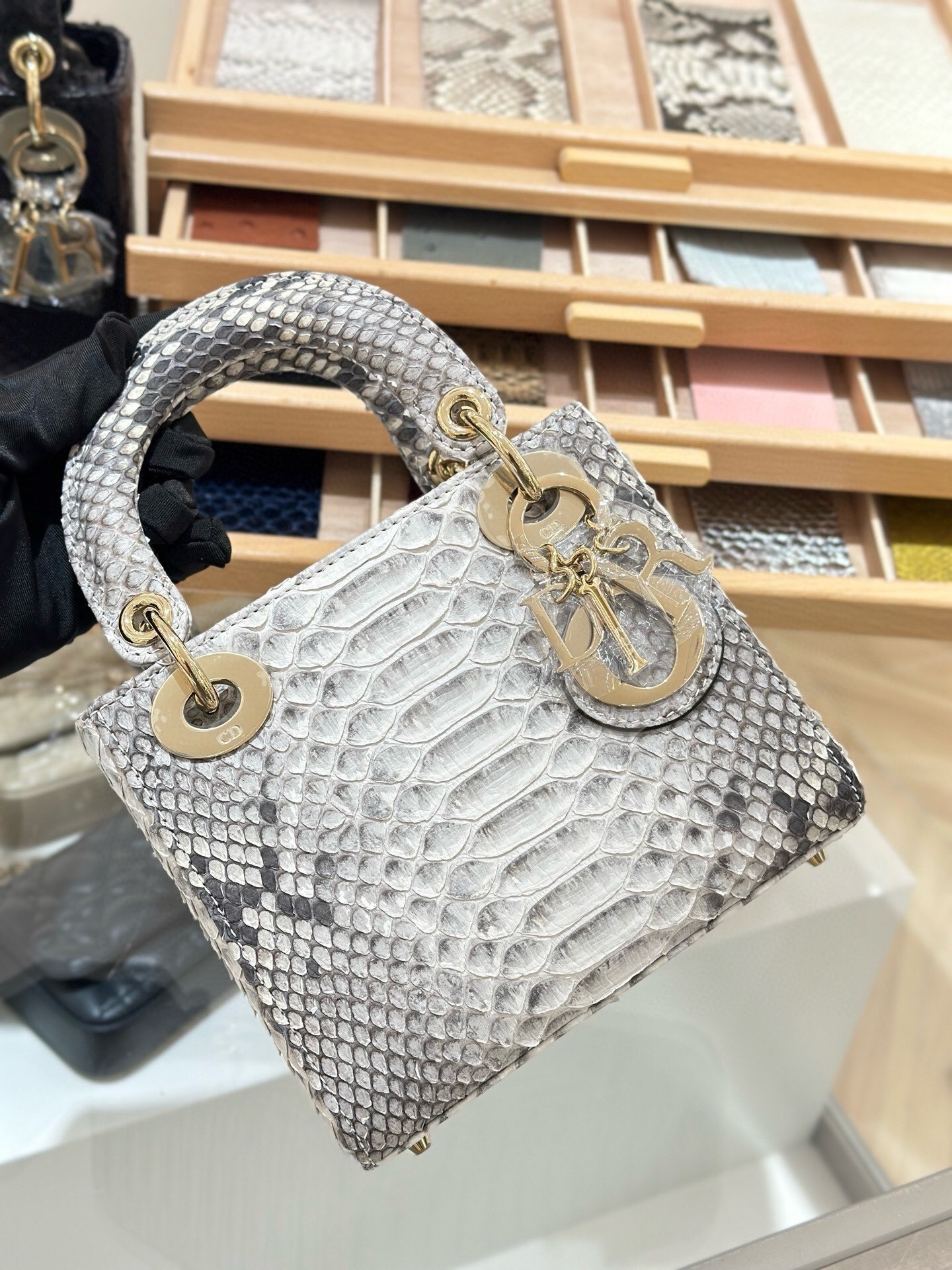 Dior Mini Lady Dior shoulder bag in white and black python leather