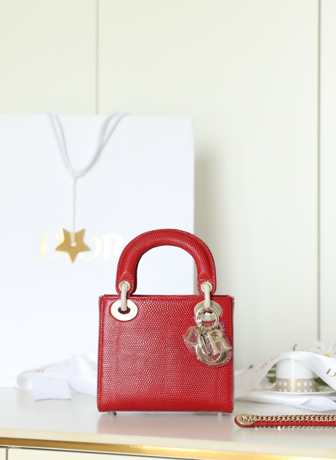 Dior Lizard Lady Mini Red Tote Shoulder Bag