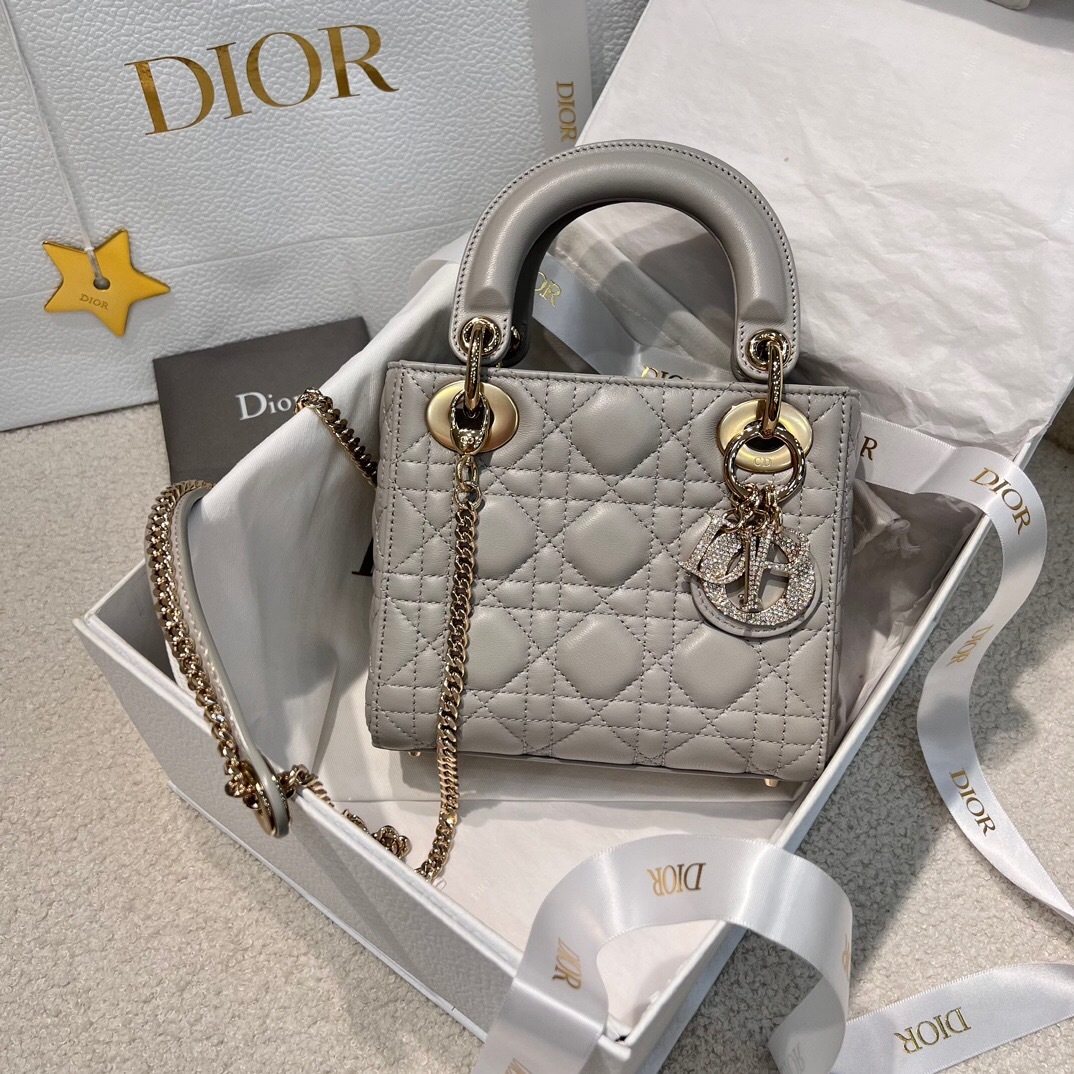 Dior Lady Dior mini bag in grey cannage lambskin with pale gold-finish metal