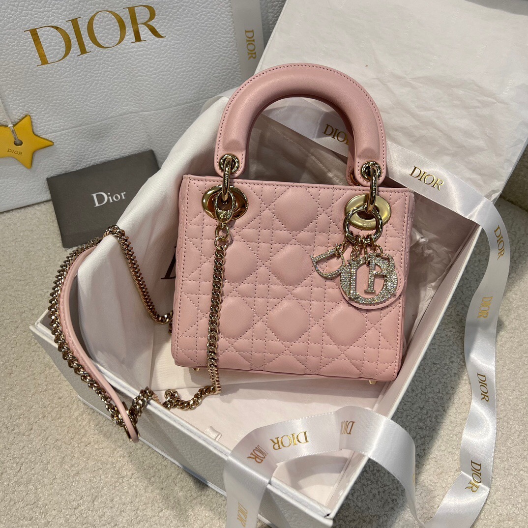 Dior Lady Dior or Lady D-Joy bag in powder pink lambskin leather with cannage stitching and pale gold-finish metal