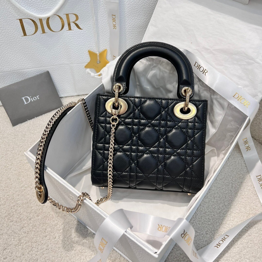 Dior Small Lady Dior My ABCDior bag in black cannage lambskin leather with pale gold-finish metal