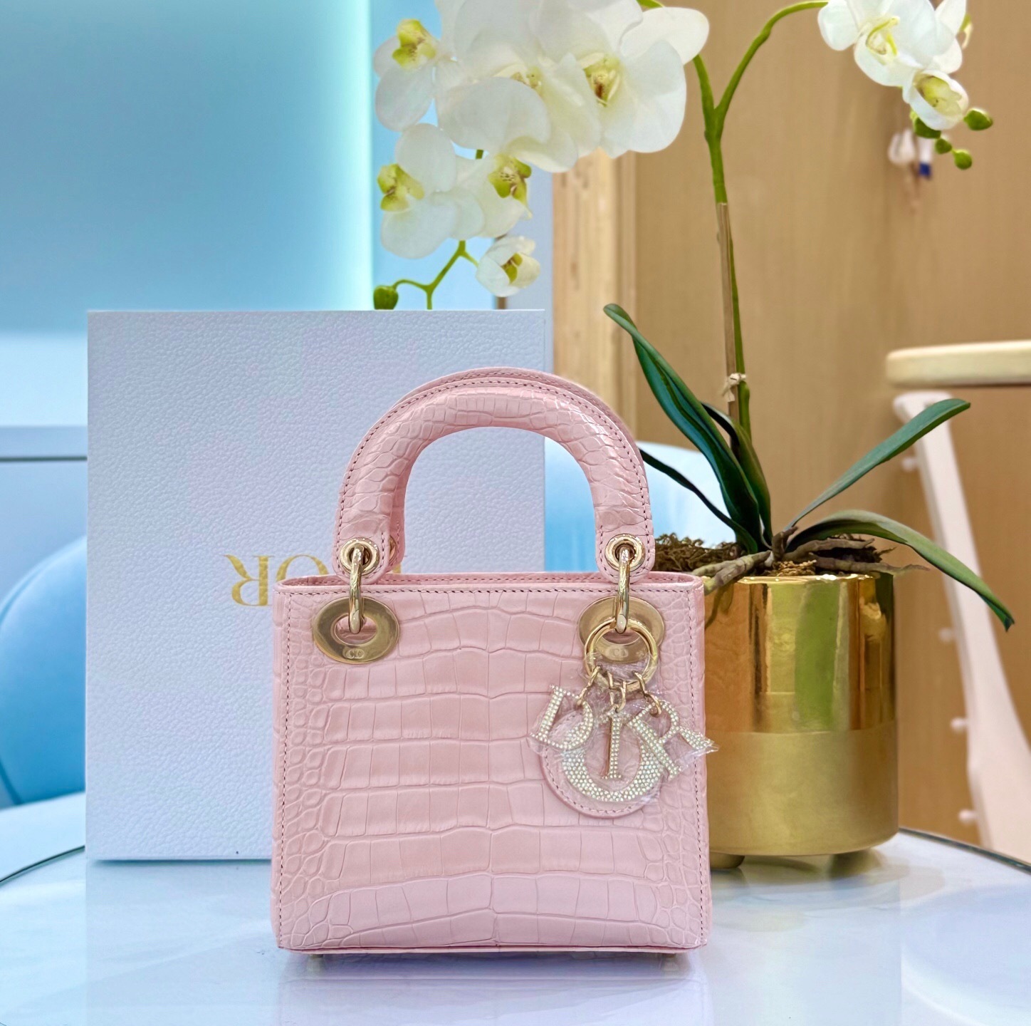 Dior Mini Lady Dior Alligator Mississippiensis handbag in light pink crystal and light gold-tone hardware