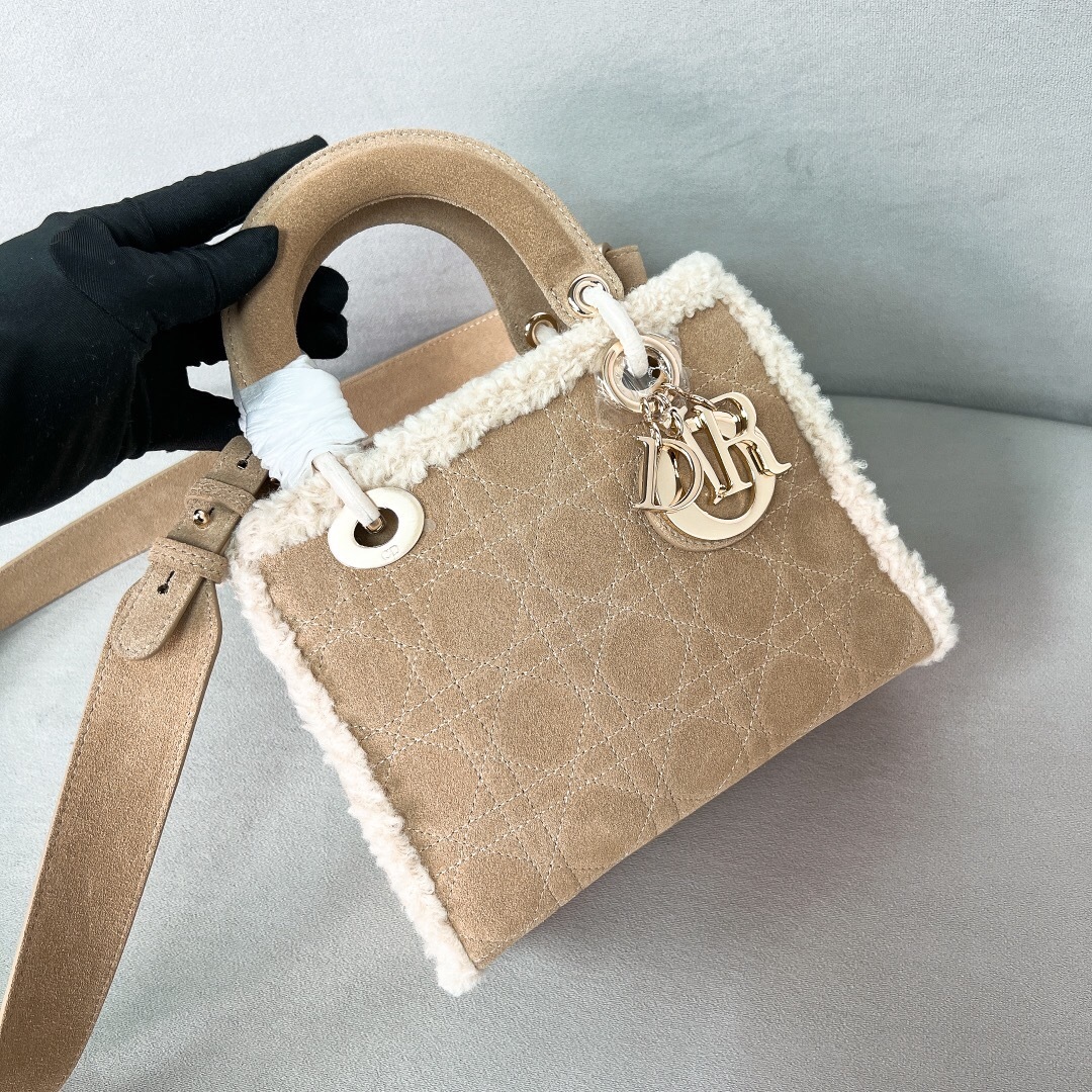 Dior Suede Shearling Cannage Mini Lady Dior bag in camel