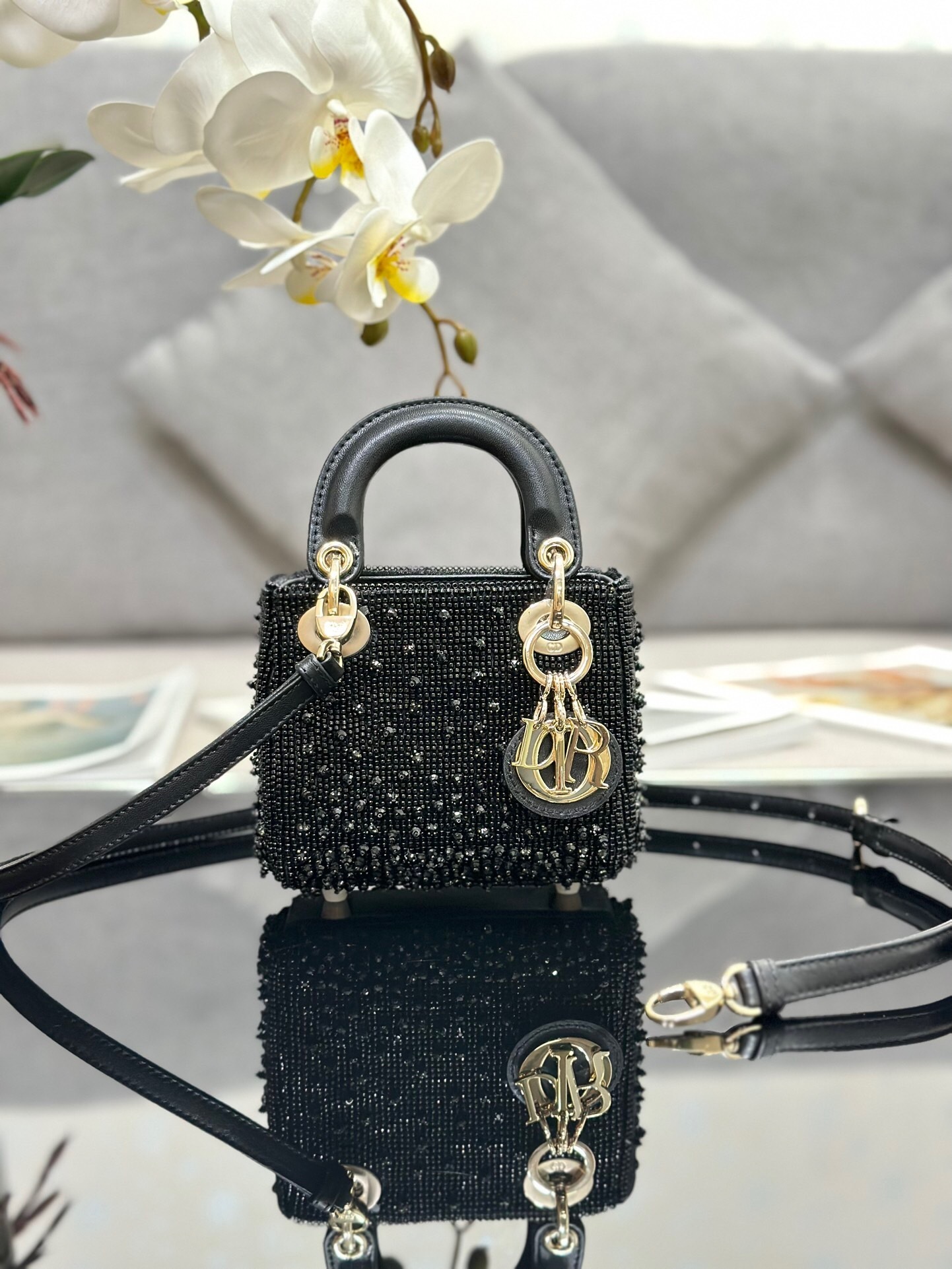 Dior Black Lady Dior Micro Bag with Micro Mirrors, Beads, and Strass