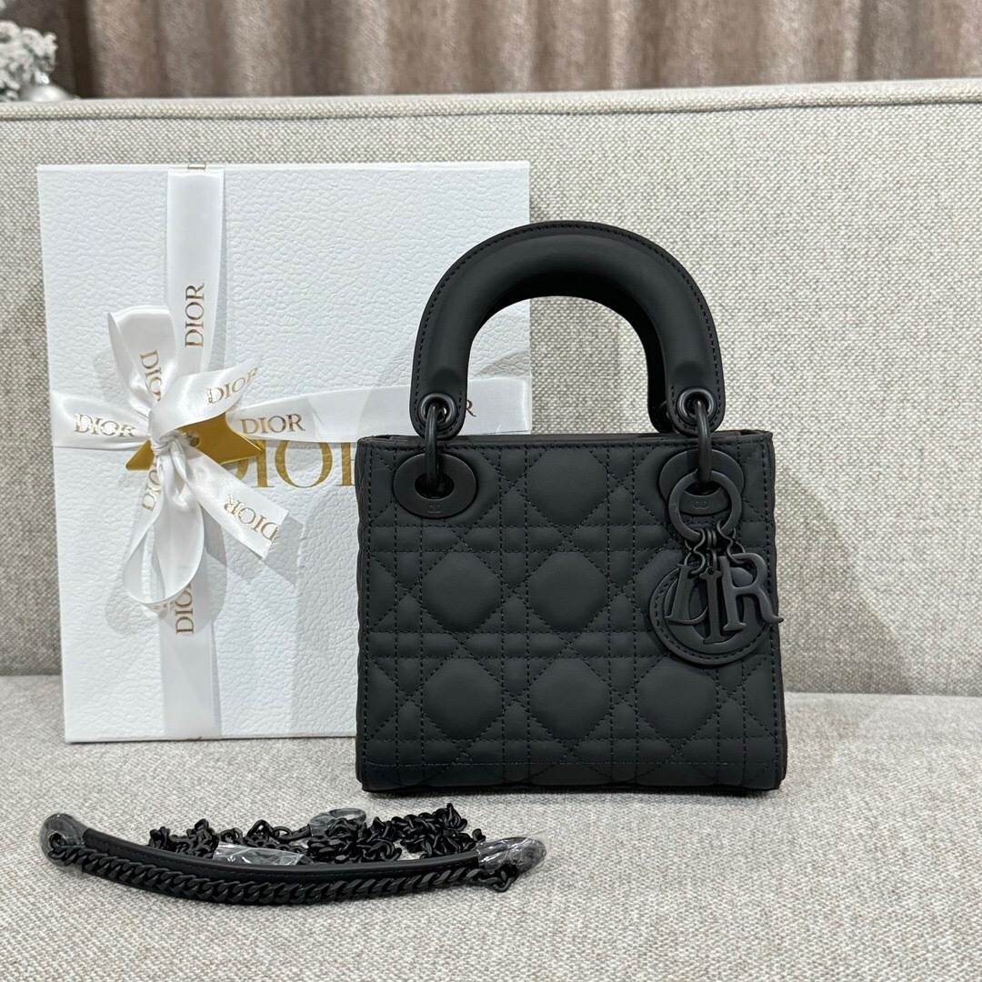Dior Lady Dior mini bag matte leather with Cannage stitching and signature Black