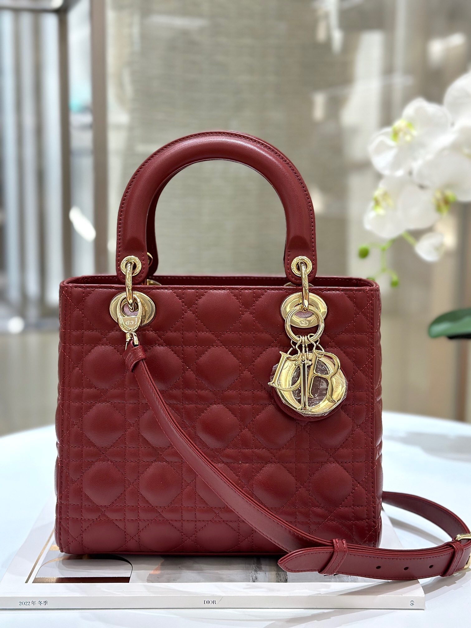Dior Lady Dior bag in burgundy cannage lambskin leather