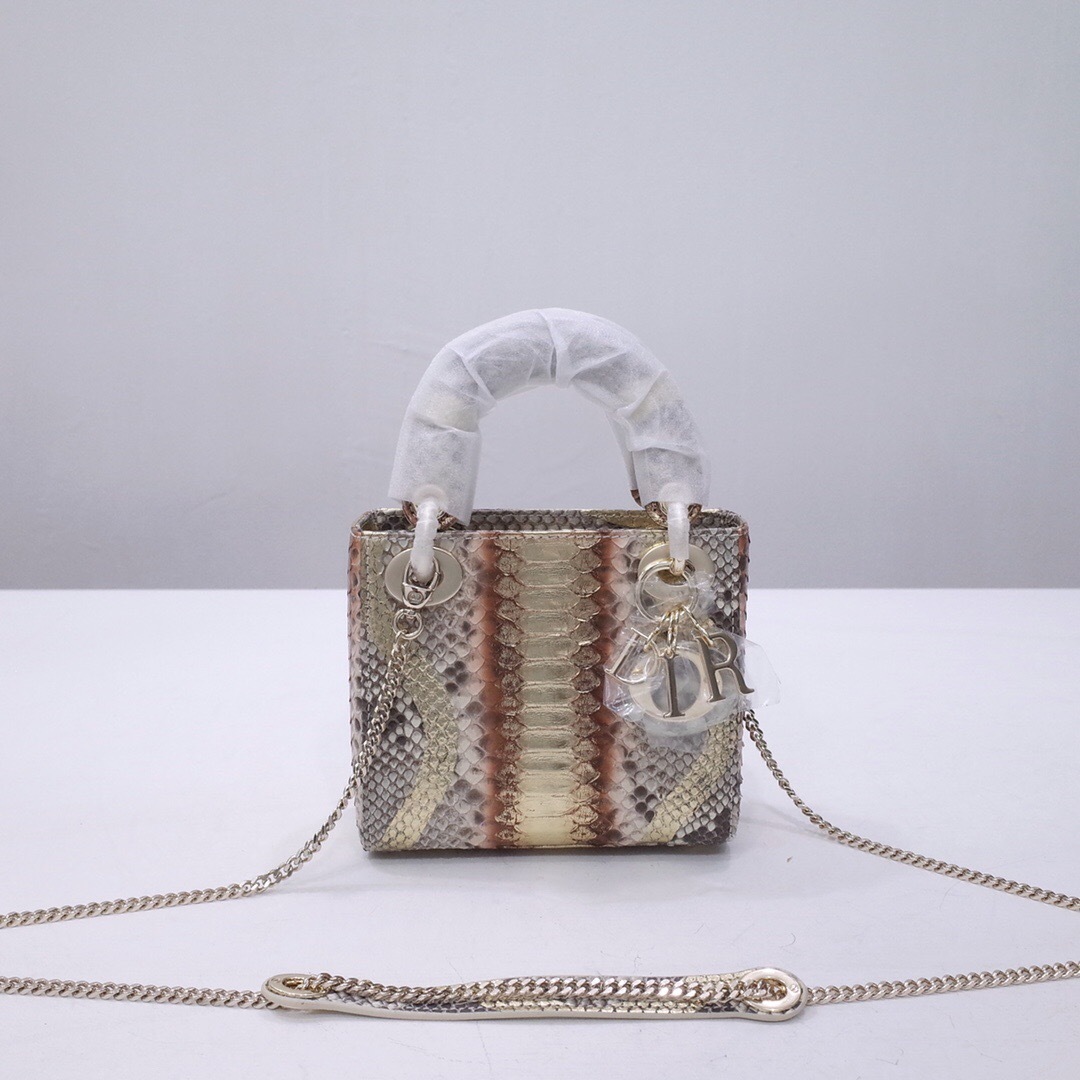 Dior Mini Lady Dior tote bag in metallic gold and brown python leather