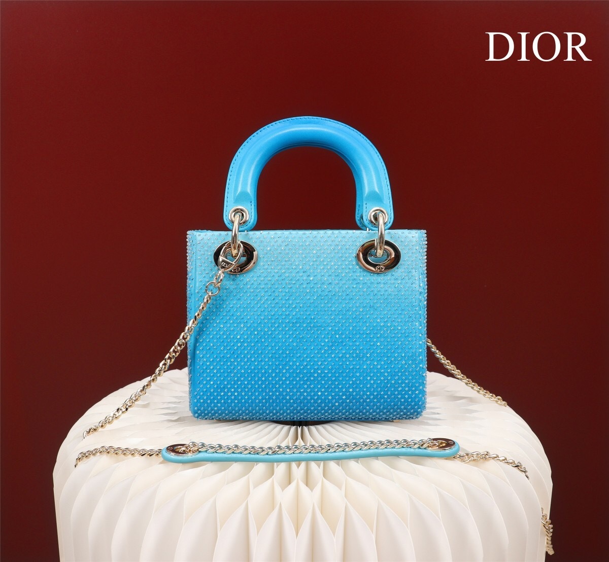 Christian Dior Lady Dior bag in blue with a gradient effect, beaded metallic finish, and silver-tone hardware