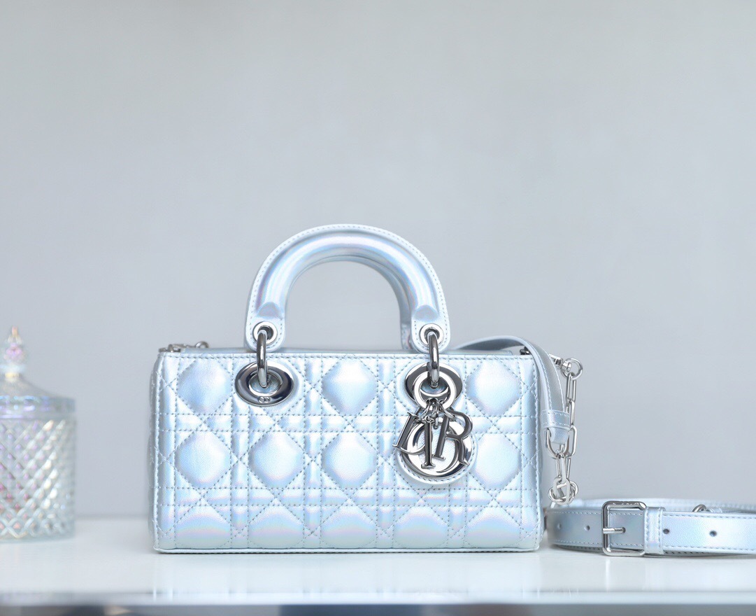 Christian Dior Lady D-Joy bag metallic silver-tone - baby blue color.