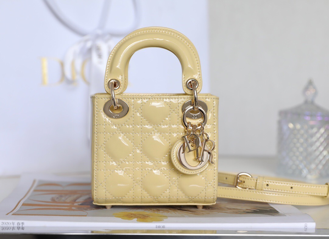 Dior Lady Dior handbag Lambskin leather with Cannage stitching Pearlescent yellow or light yellow