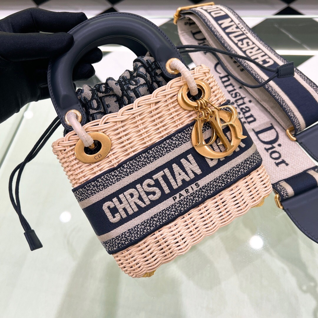 Dior Lady Dior bag in natural handwoven rattan blue