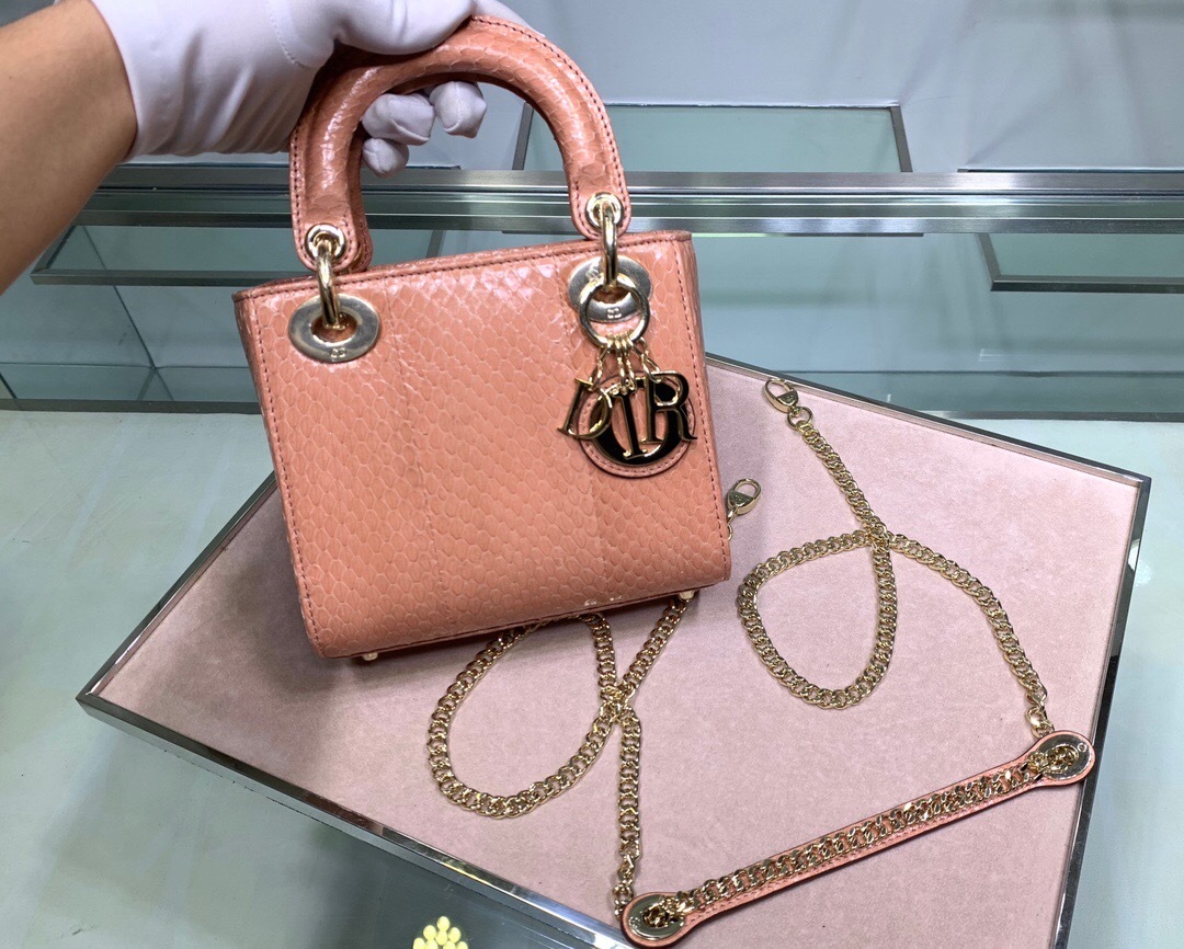 Dior Mini Lady Dior bag in lilac python leather with crystal-studded charms