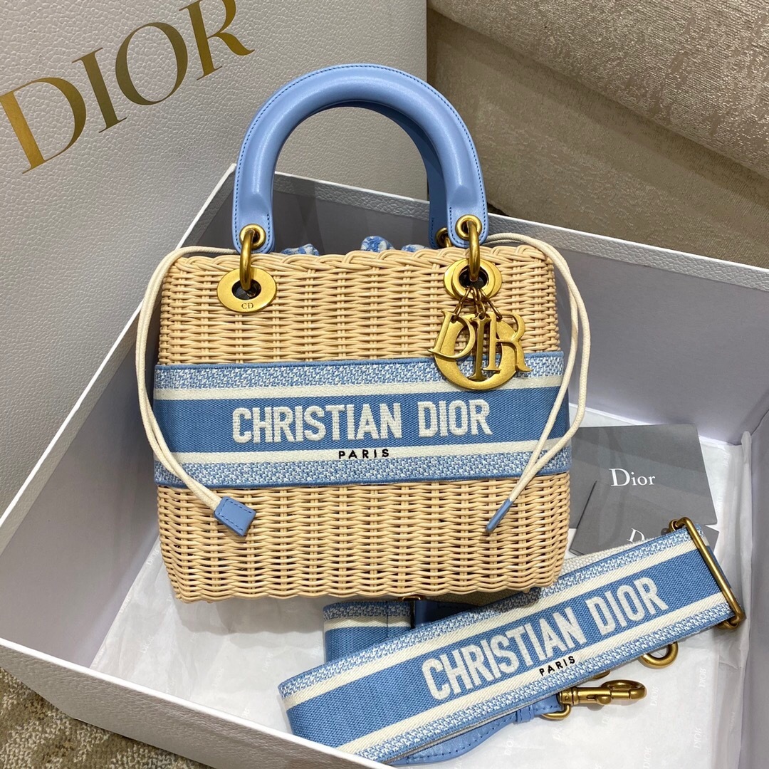 Dior Medium Lady Dior Bag in Natural Rattan and Blue Dior Oblique Jacquard