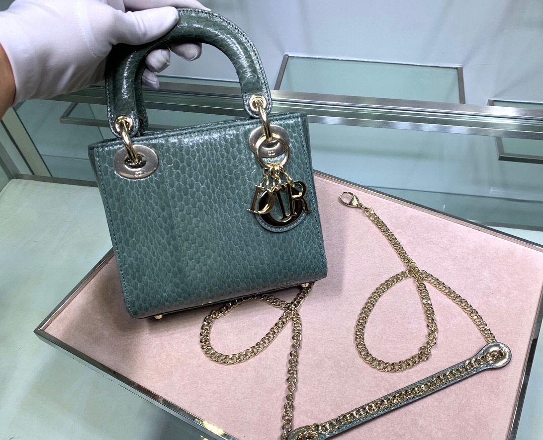 Dior Mini Lady Dior Shpoulder bag in dark green python leather with gold-tone hardware