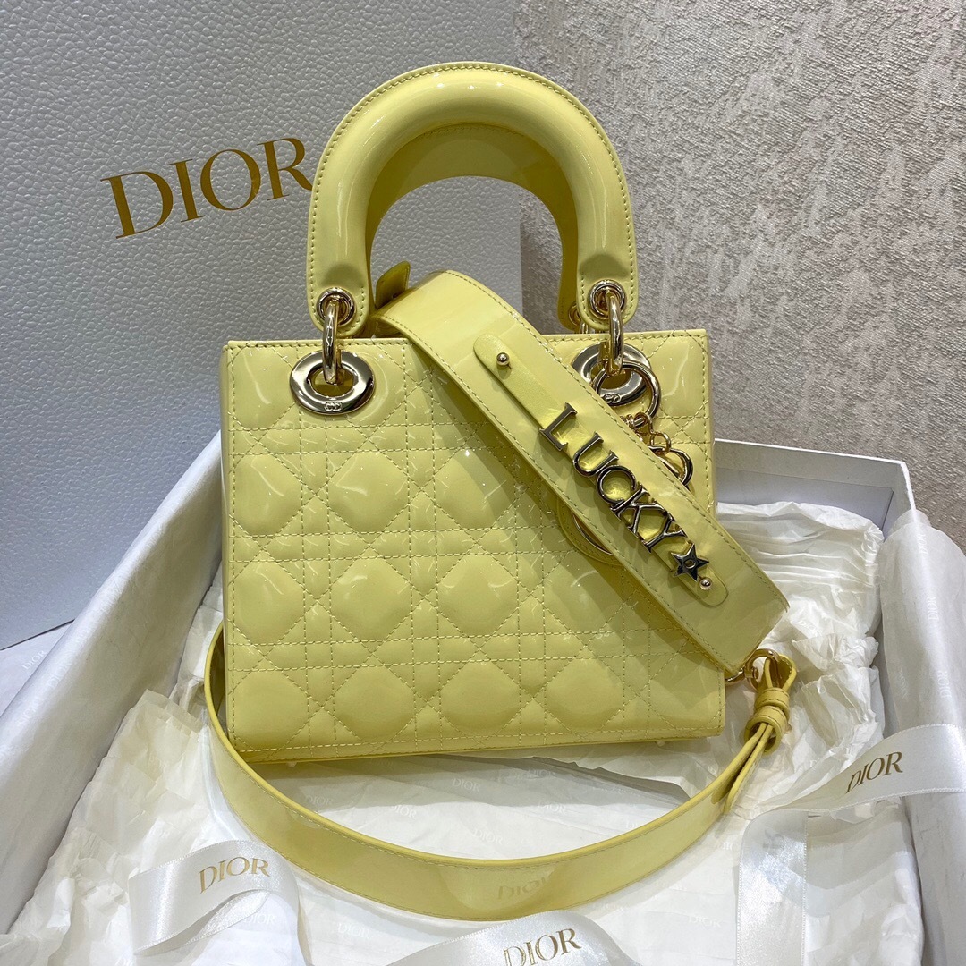 Dior Lady D-Joy bag in yellow patent leather with a "Lucky" strap