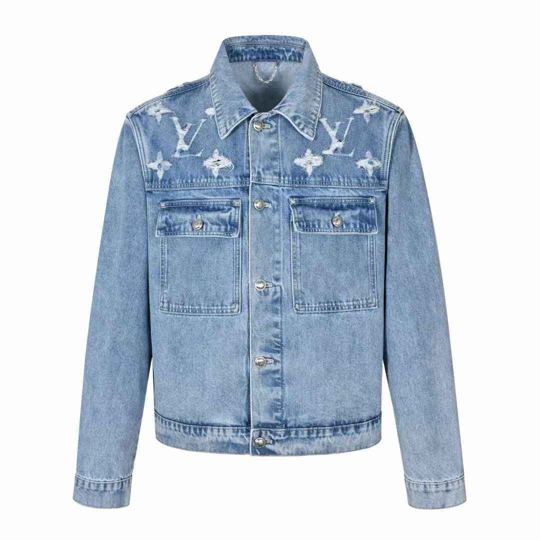 LV denim trucker jacket with a torn monogram pattern Blue