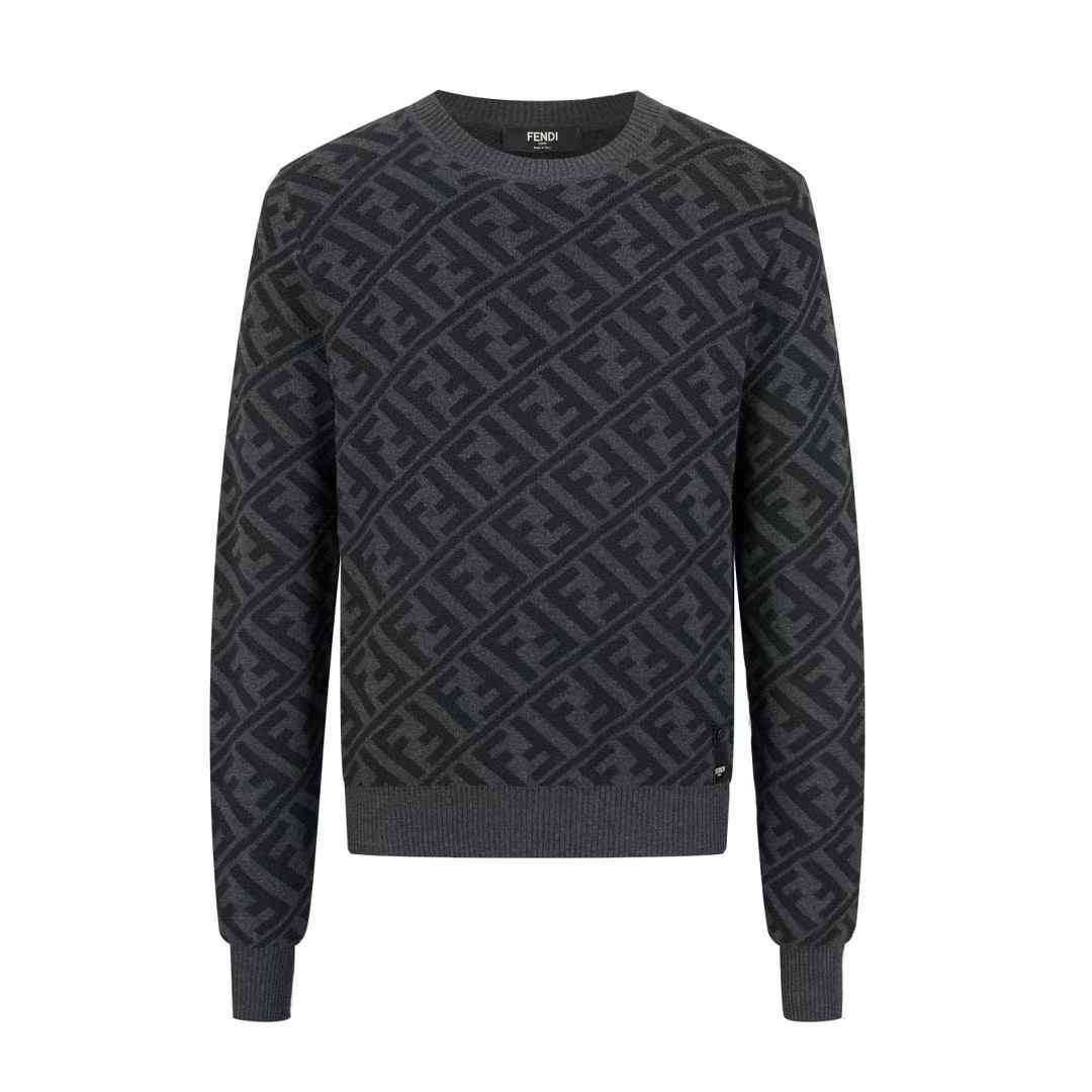 Fendi crew-neck jumper wool and viscose with a black and gray all-over diagonal jacquard FF motif.