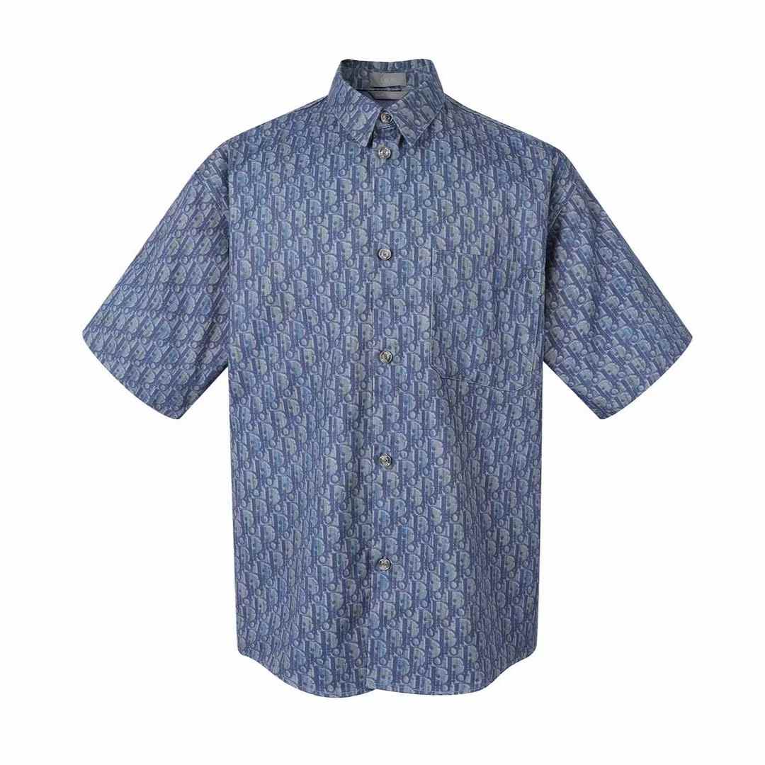 Dior Oblique Short-Sleeved Shirt in blue silk twill
