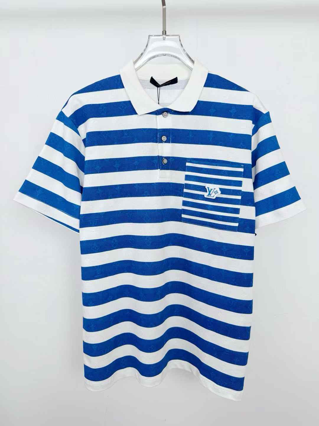 LV Striped Short-Sleeved Polo Shirt in blue and white.