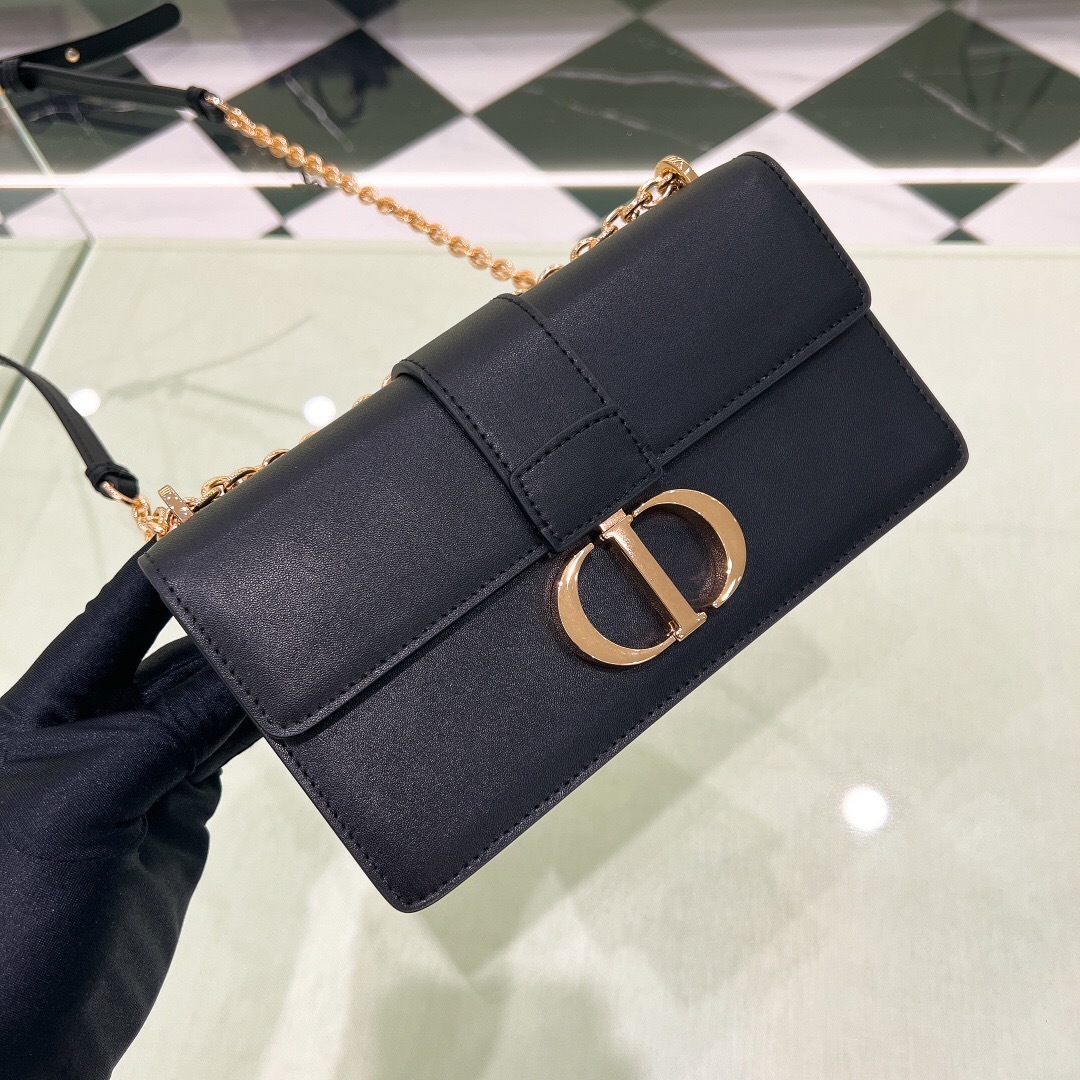 Dior 30 Montaigne East-West Bag with Chain in black calfskin leather and gold-finish metal CD clasp