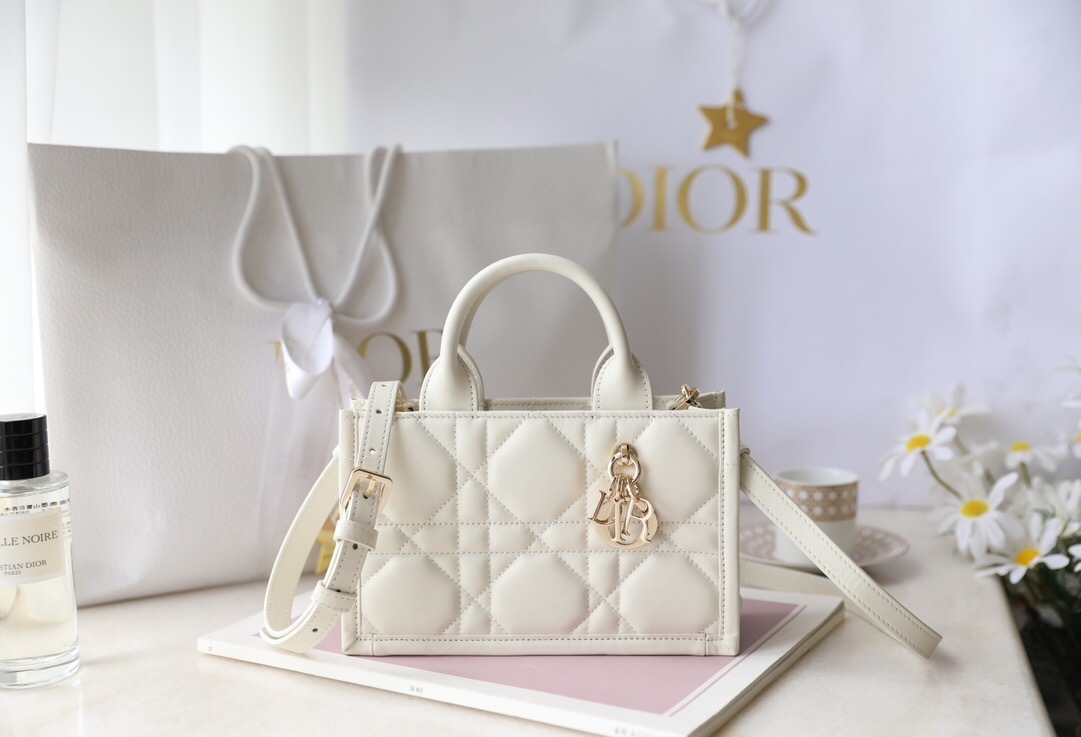 Dior Mini Dior Book Tote in latte or powder beige Macrocannage calfskin