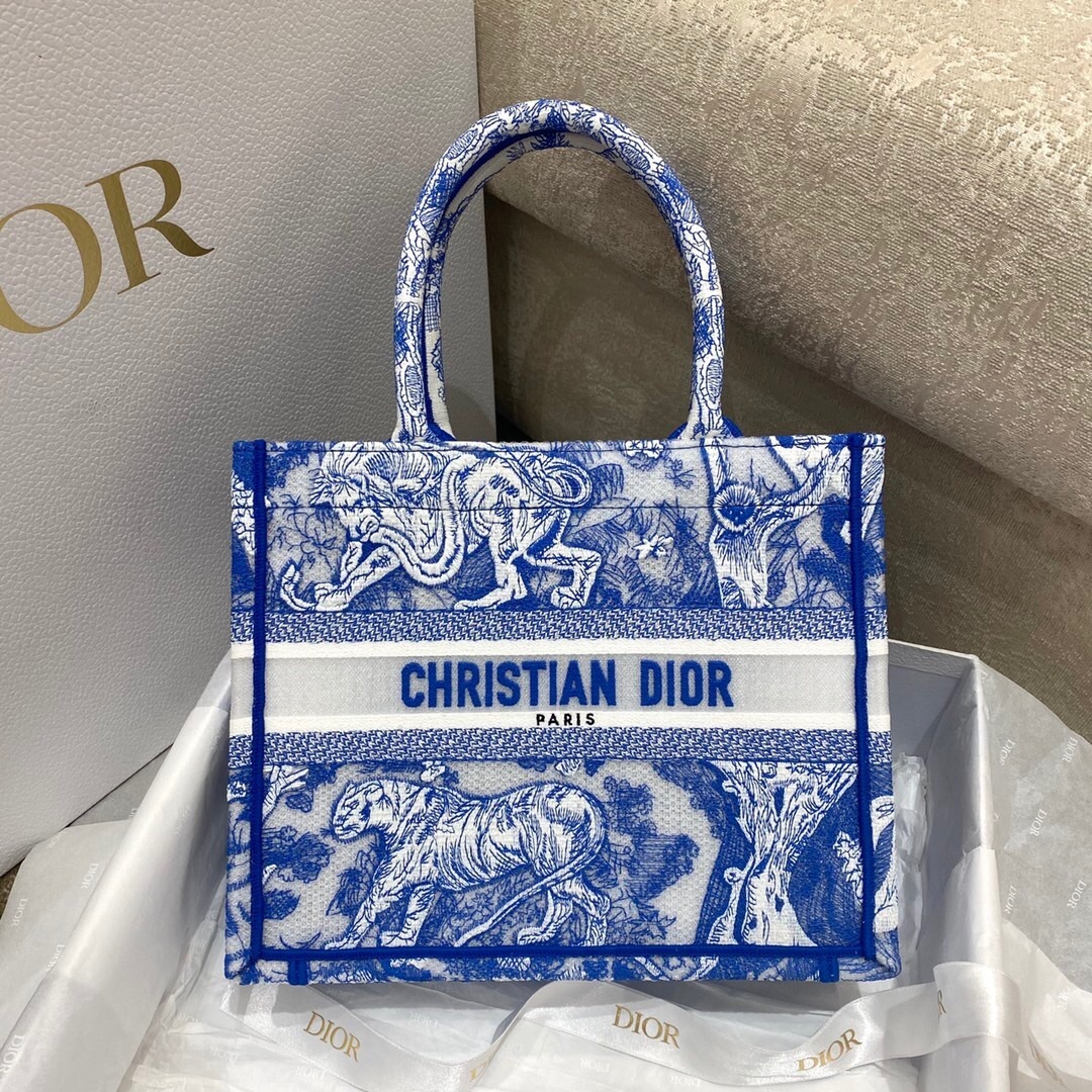 Dior Book Tote Bag intricate embroidery Blue