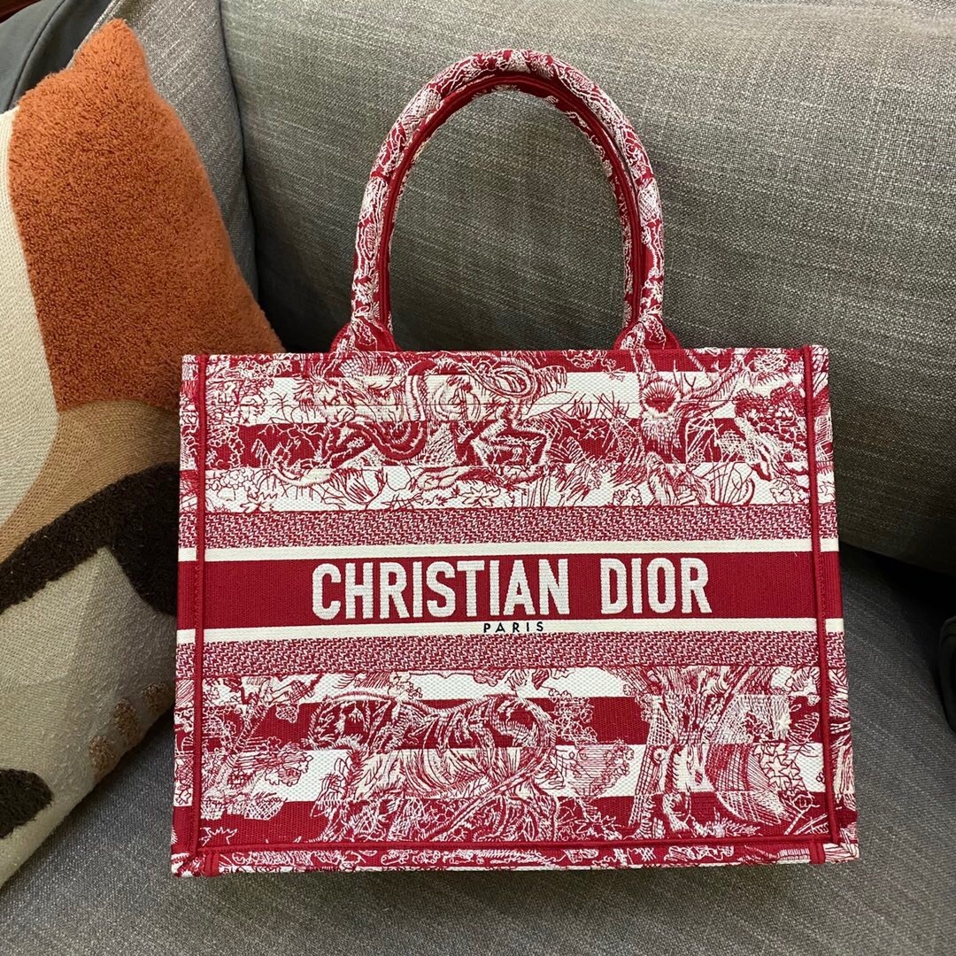 Dior Pink/White Embroidery Canvas Toile De Jouy Medium Book Tote Bag