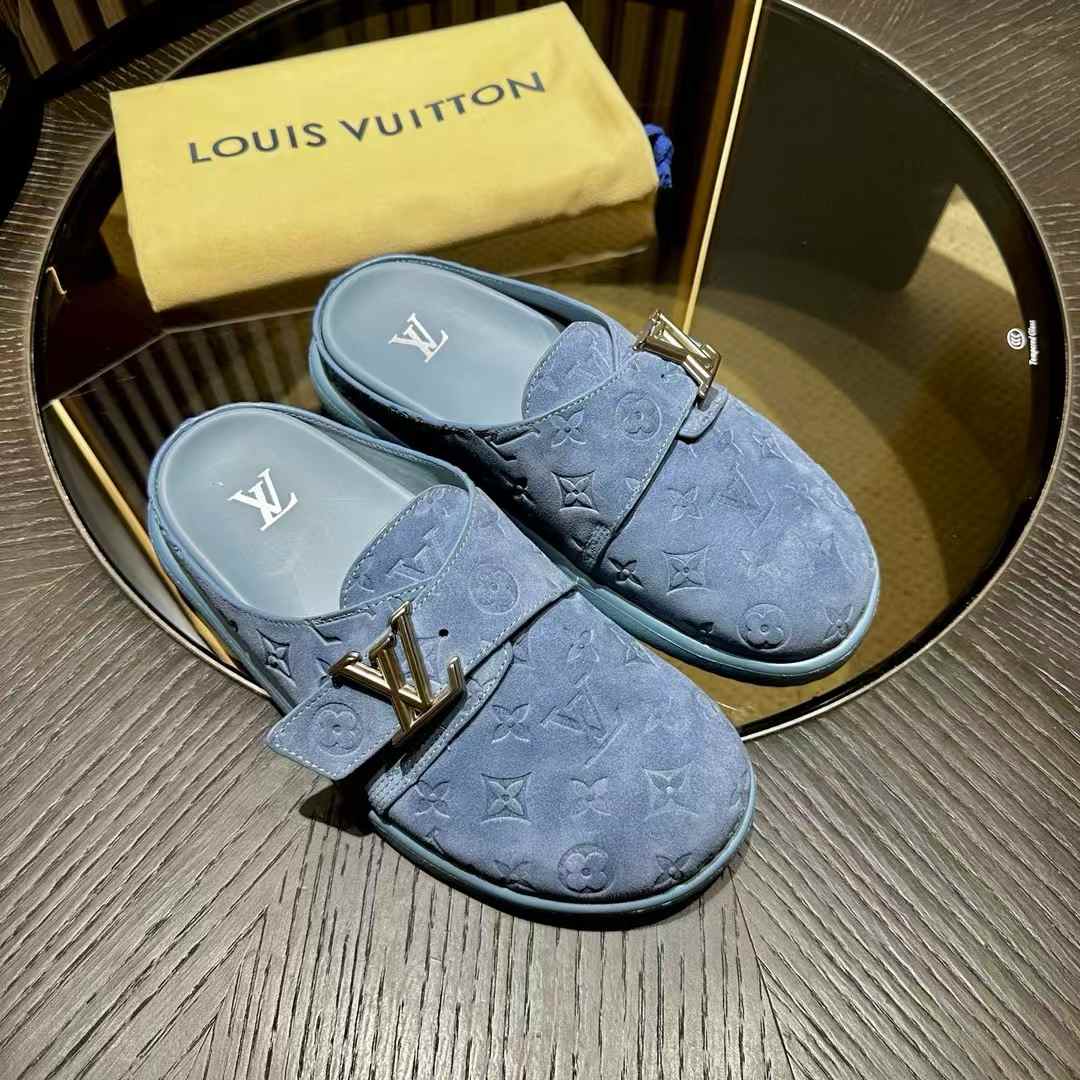 LV Easy Mules suede calf leather with an embossed Monogram blue