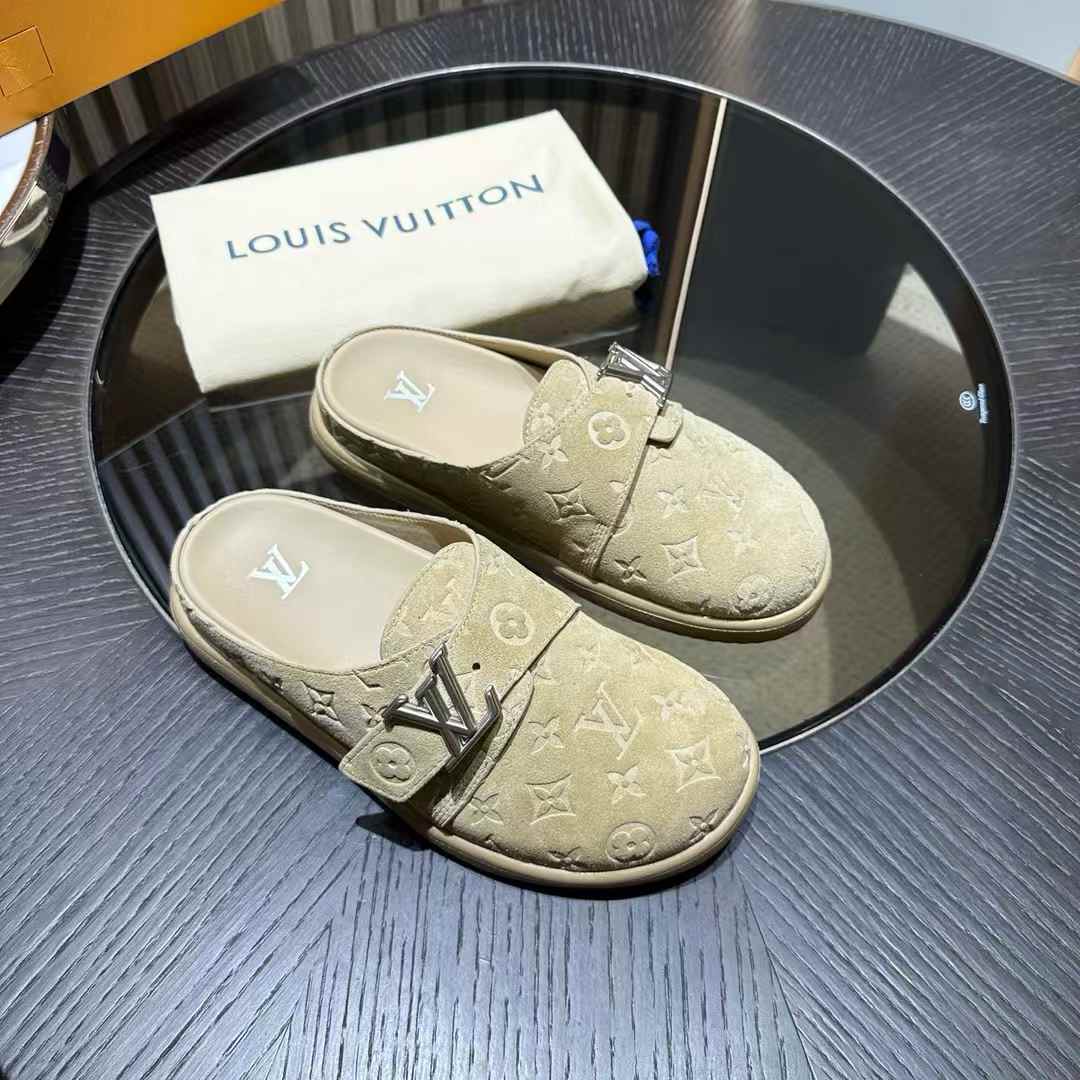 LV Easy Mules in beige monogram-embossed suede calf leather