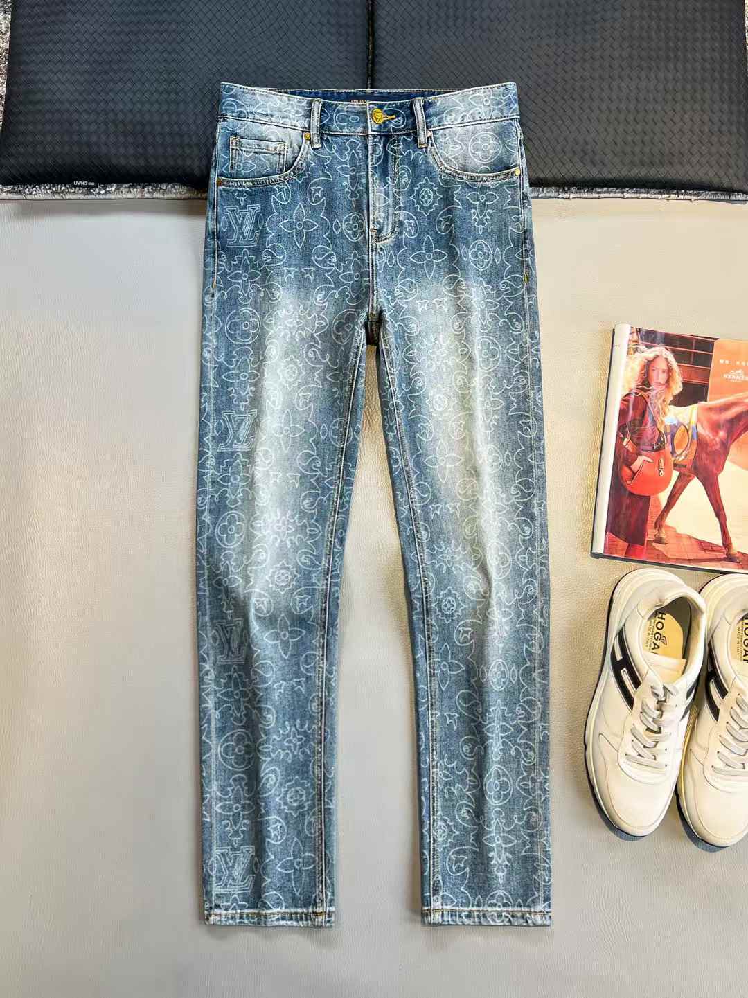 LV denim pants with a monogram pattern