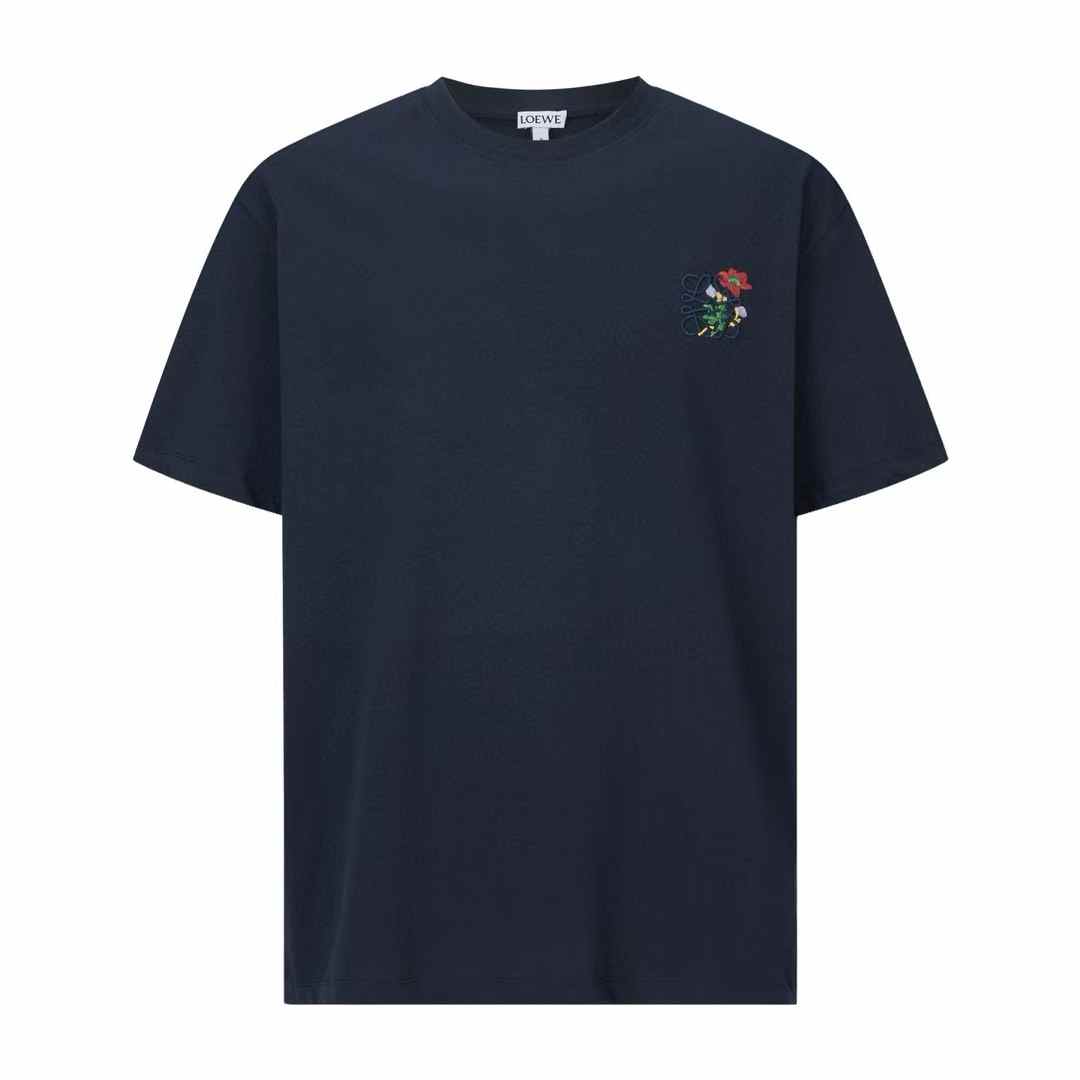 Loewe Anagram floral embroidered cotton T-shirt in navy blue