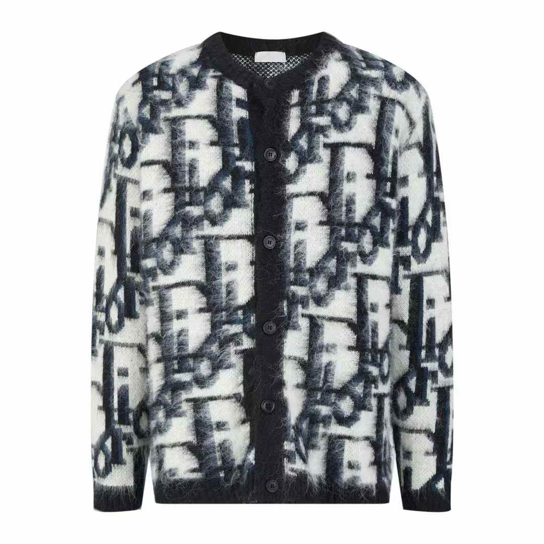 Dior Oblique Cardigan crafted from a wool and cotton-blend jacquard with a black and white
