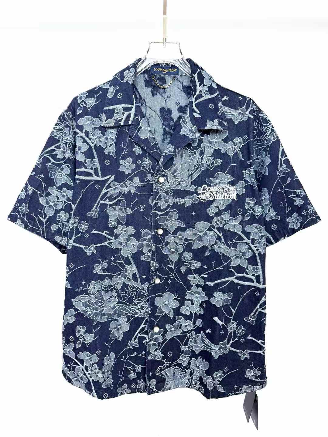 LV Monogram Printed Short-Sleeved Denim Shirt Blue